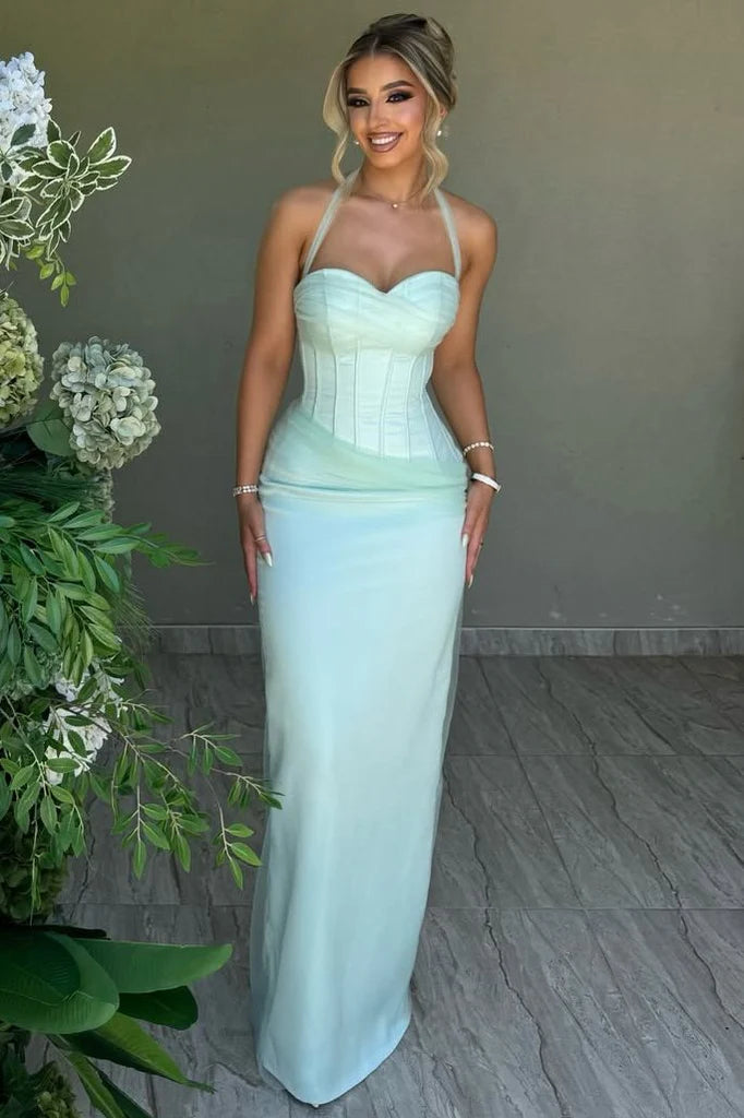 Chic Mermaid Sweetheart Halter Sleeveless Corset Lace-Up Back Floor Length Evening Dress