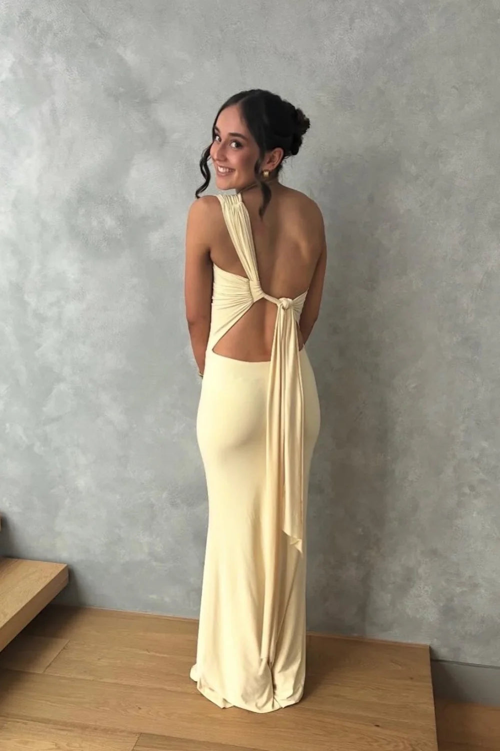 Champagne Stretch Knit One Shoulder Ruched Floor-Length Gown