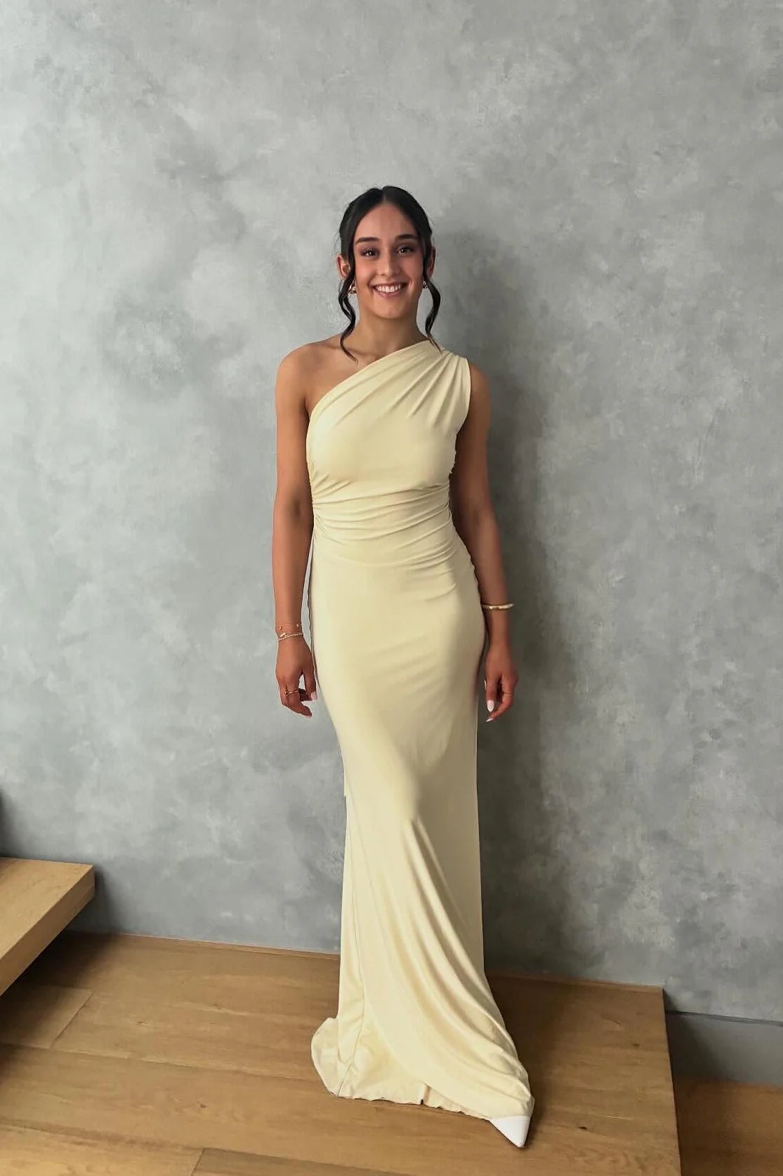 Champagne Stretch Knit One Shoulder Ruched Floor-Length Gown