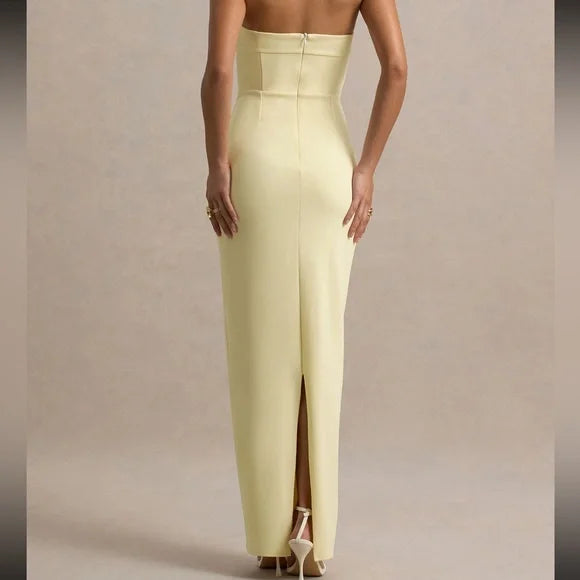 Chic Pale Yellow Strapless Prom Dress with Bow Detail, Mermaid Silhouette and Back Slit