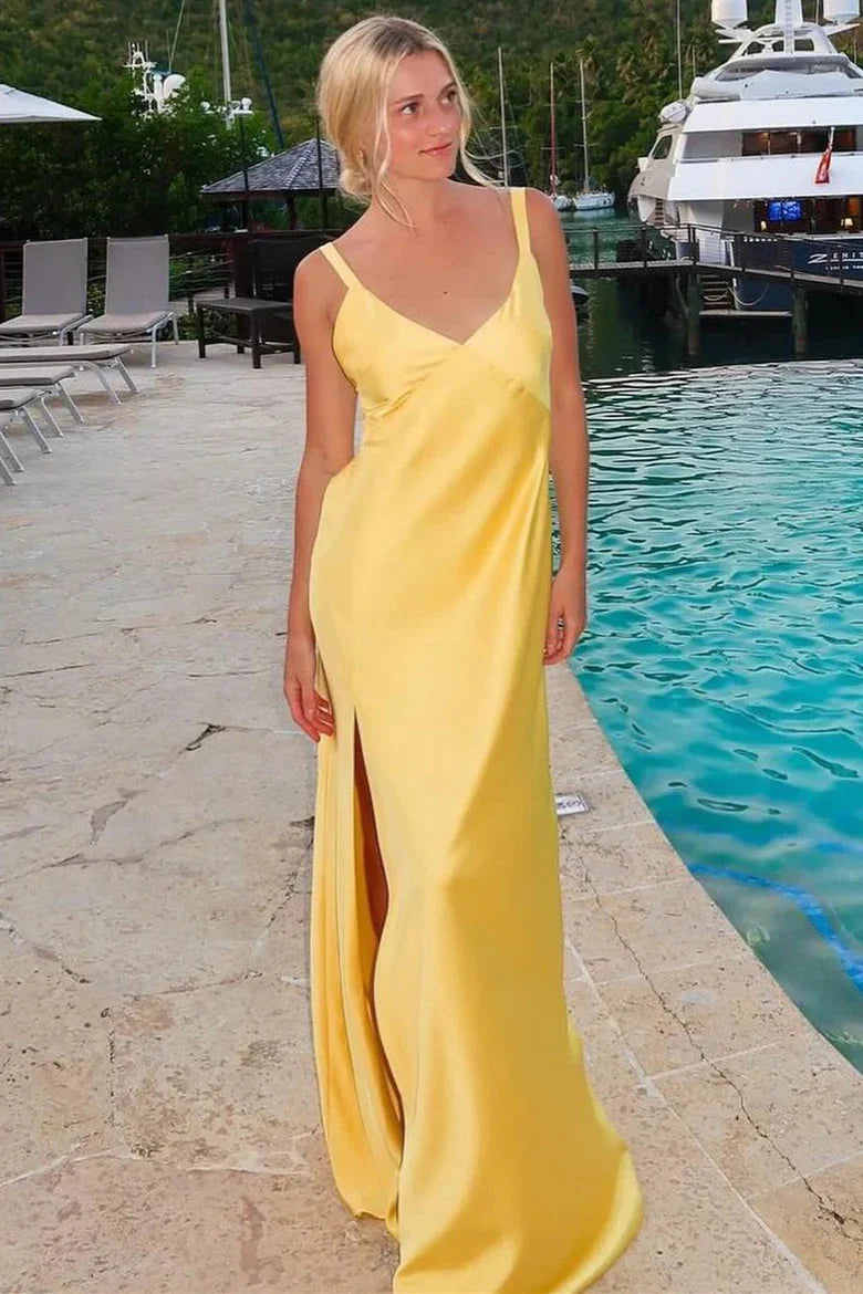 Chic Satin Slip V-Neck Open-Back Floor Length Evening Dress