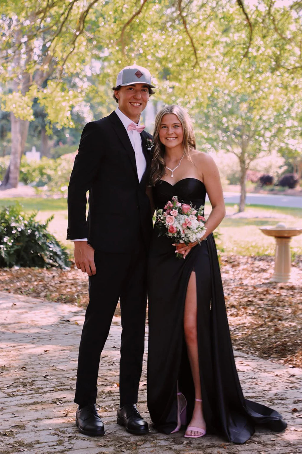 Black Satin A-Line Floor-Length Evening Dress - Sweetheart Neckline, High Slit