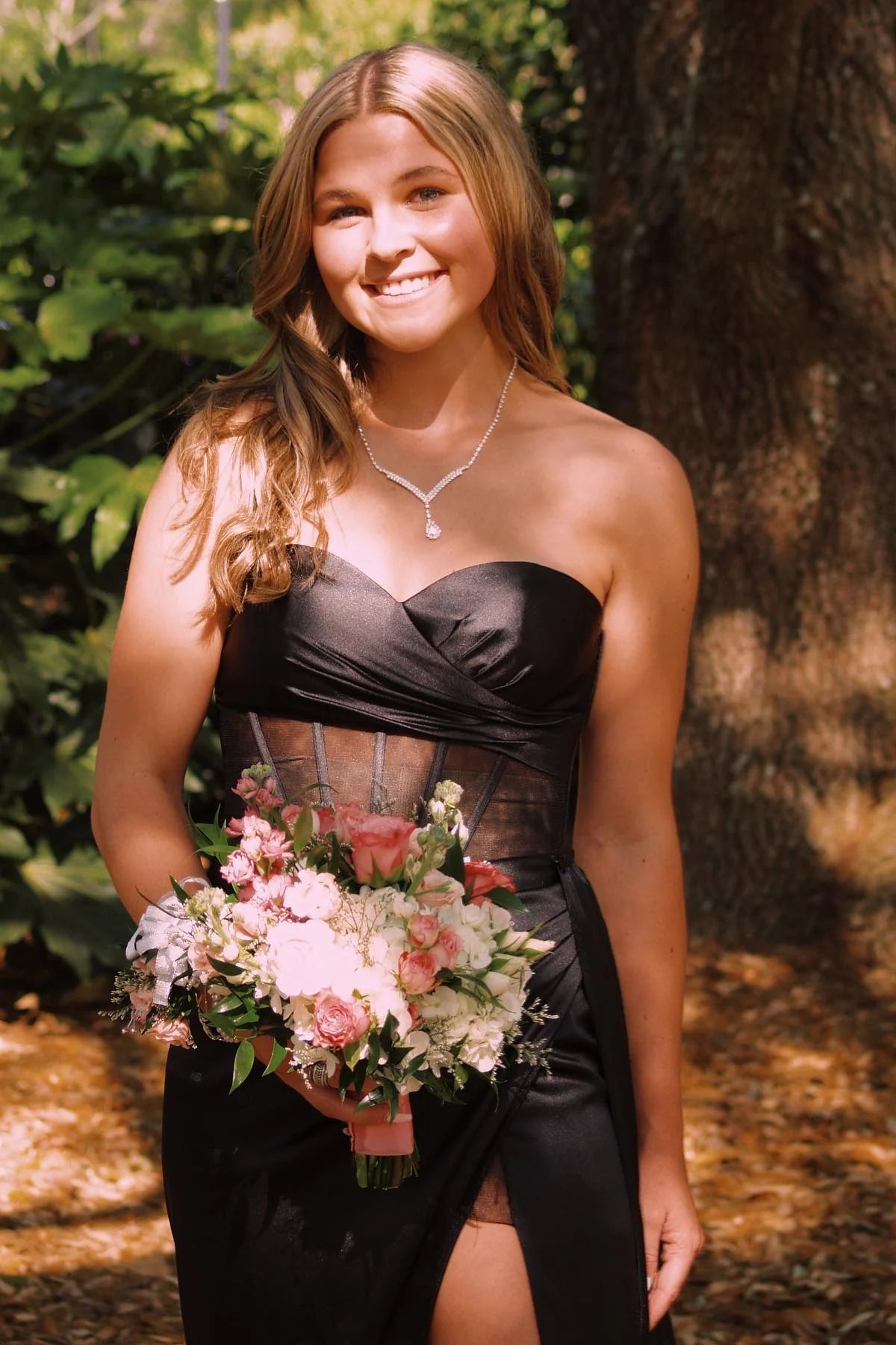 Black Satin A-Line Floor-Length Evening Dress - Sweetheart Neckline, High Slit