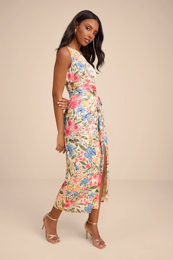 Chic Vibrant Multicolor Floral Print A-Line Silhouette One Shoulder Sleeveless Fitted Bodice Twist Knot High Slit Midi Satin Prom Dress