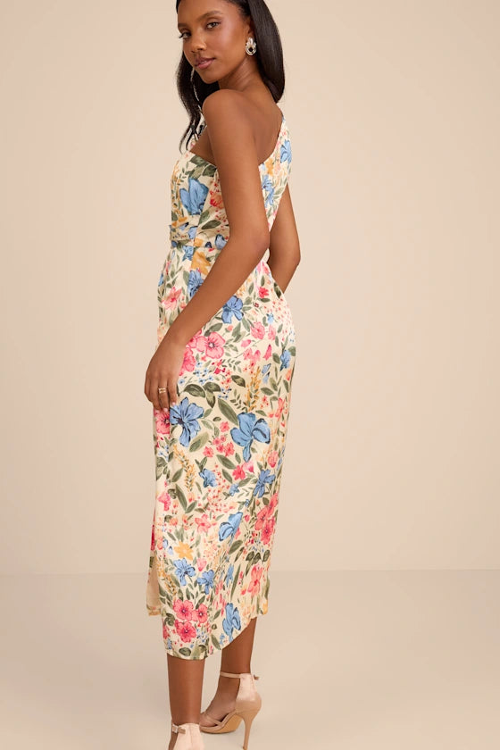 Chic Vibrant Multicolor Floral Print A-Line Silhouette One Shoulder Sleeveless Fitted Bodice Twist Knot High Slit Midi Satin Prom Dress