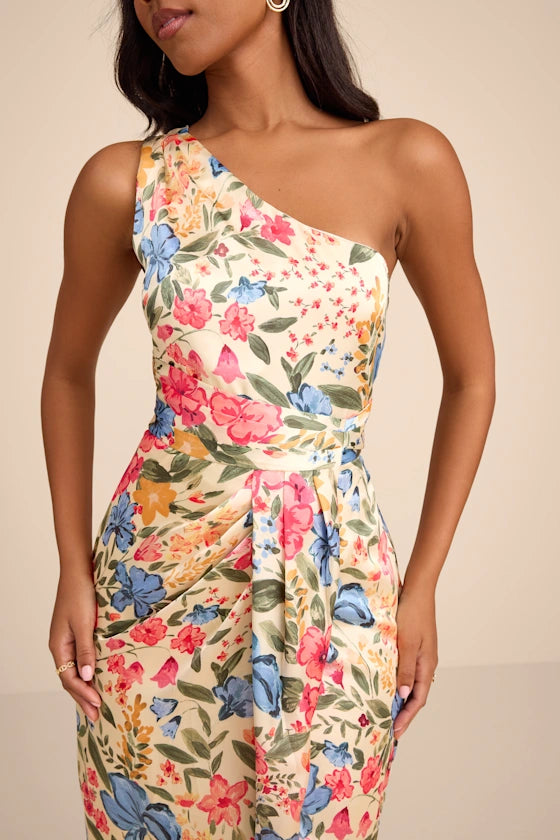 Chic Vibrant Multicolor Floral Print A-Line Silhouette One Shoulder Sleeveless Fitted Bodice Twist Knot High Slit Midi Satin Prom Dress