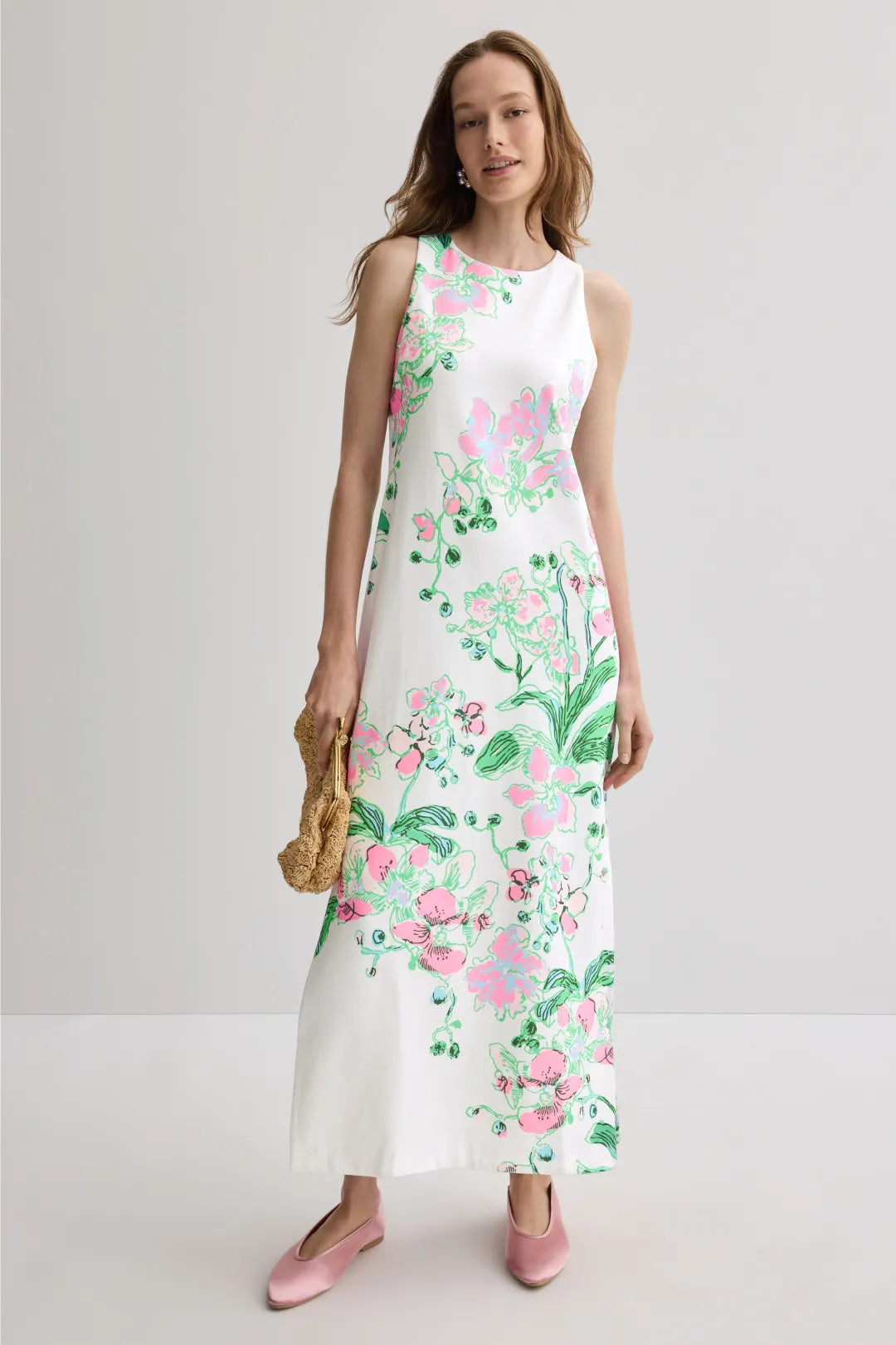Chic White Column Round-Neck Sleeveless Floral-Print Maxi Prom Dresses