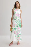 White Crepe Floral Print Sheath/column Floor-Length Dress