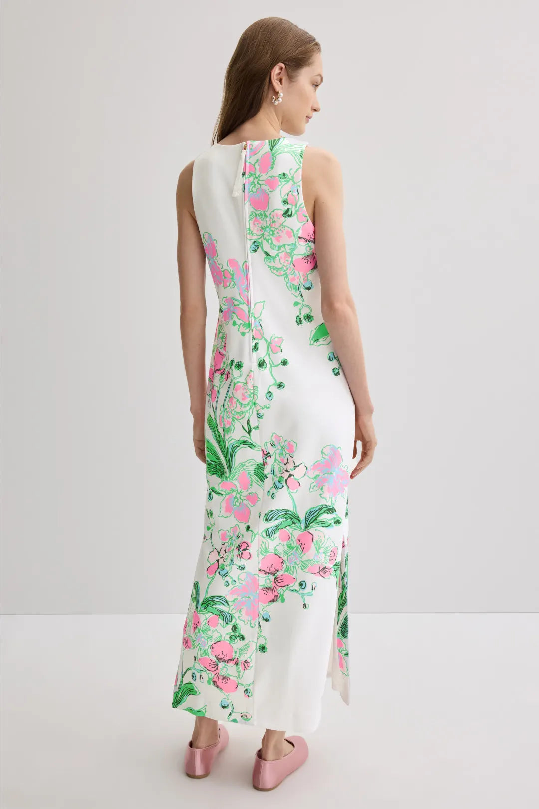 Chic White Column Round-Neck Sleeveless Floral-Print Maxi Prom Dresses