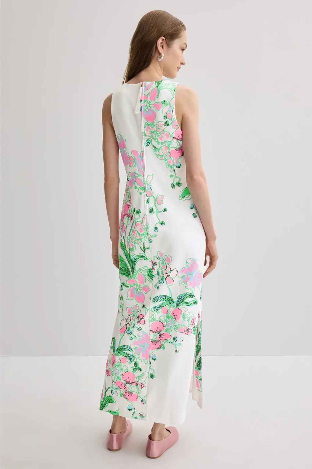 White Crepe Floral Print Sheath/column Floor-Length Dress