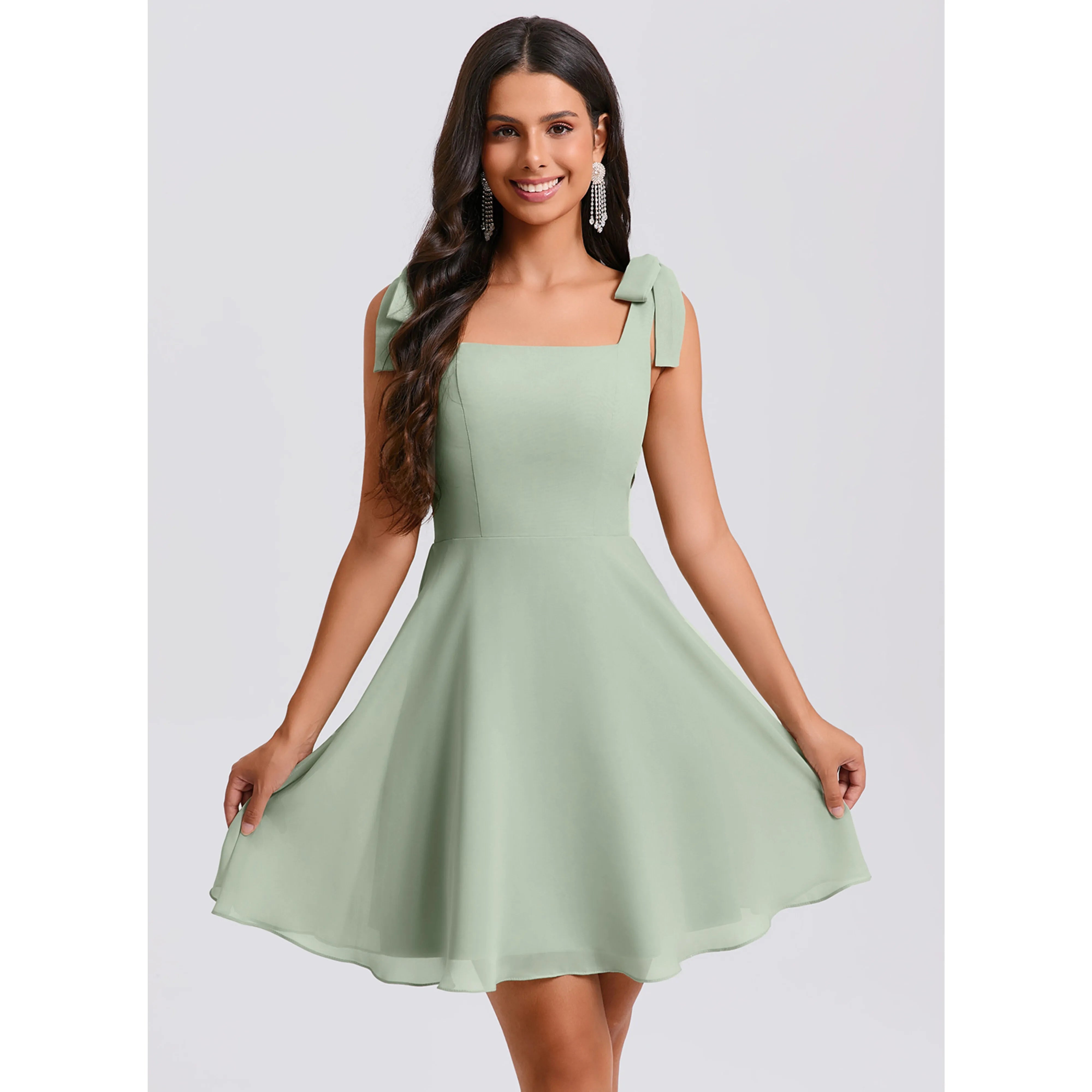 Chic A-Line Square Neck Sleeveless Backless Bow Navy Blue Short Homecoming Dresses