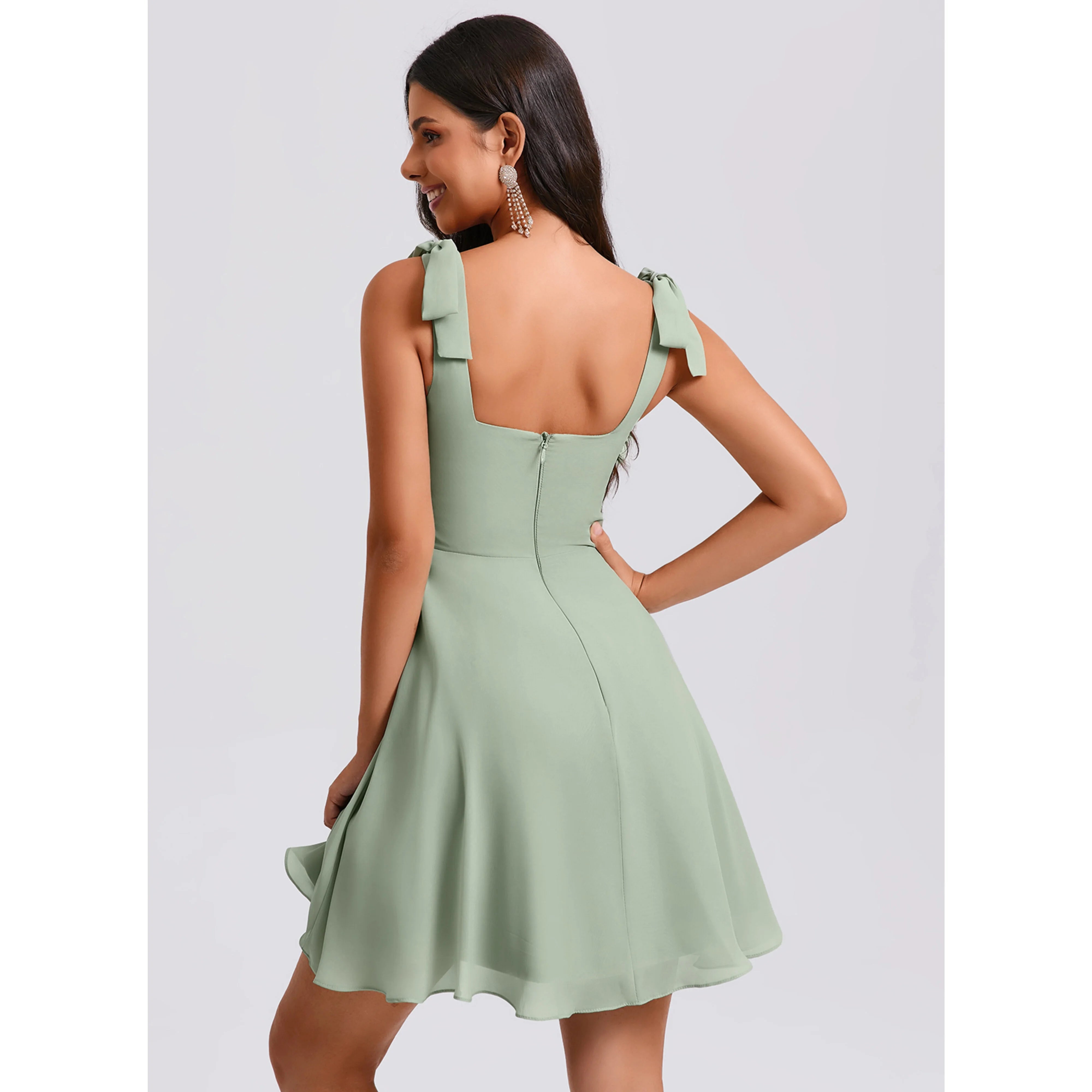 Chic A-Line Square Neck Sleeveless Backless Bow Navy Blue Short Homecoming Dresses