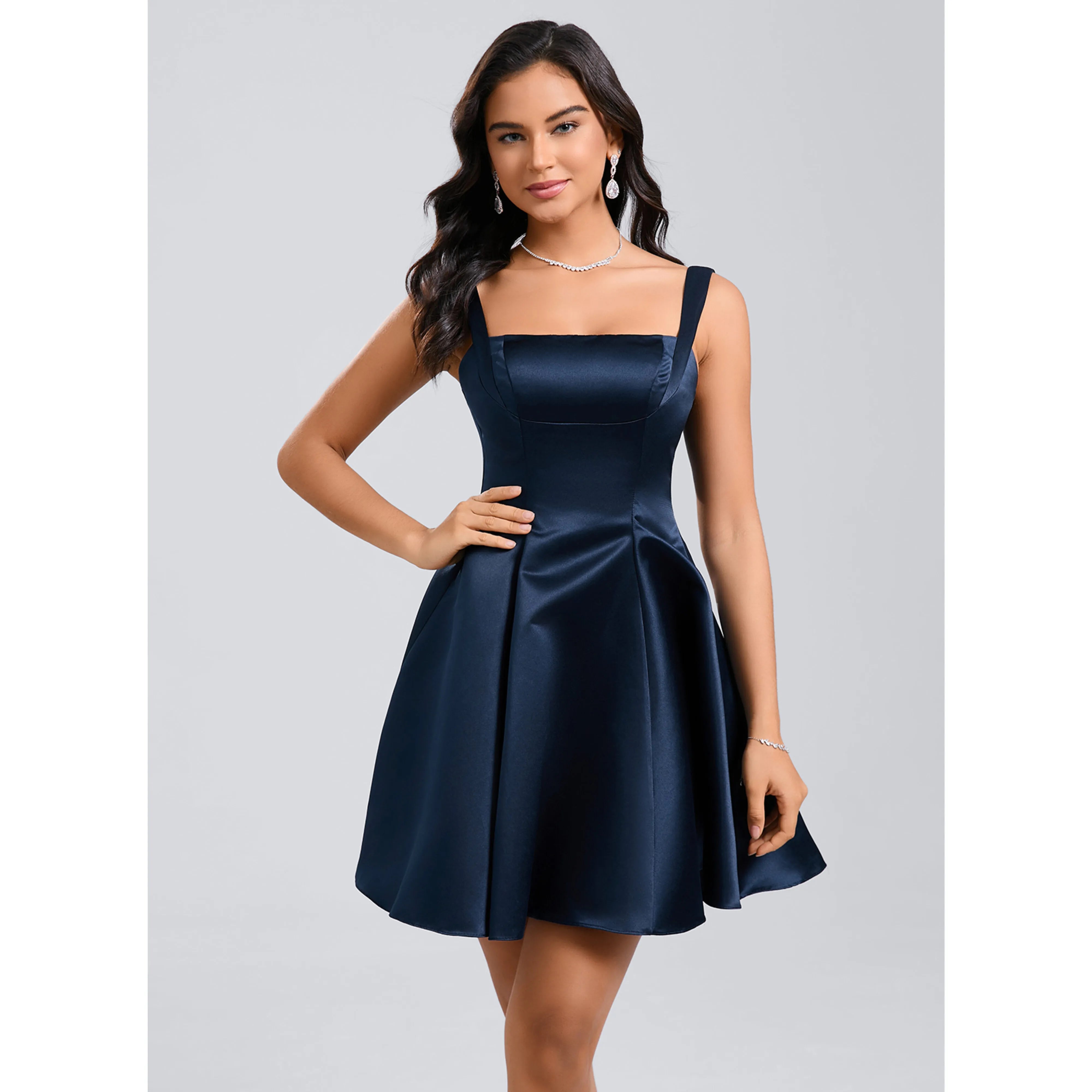 Chic A-Line Square Neck Sleeveless Backless Navy Blue Short Homecoming Party Dress