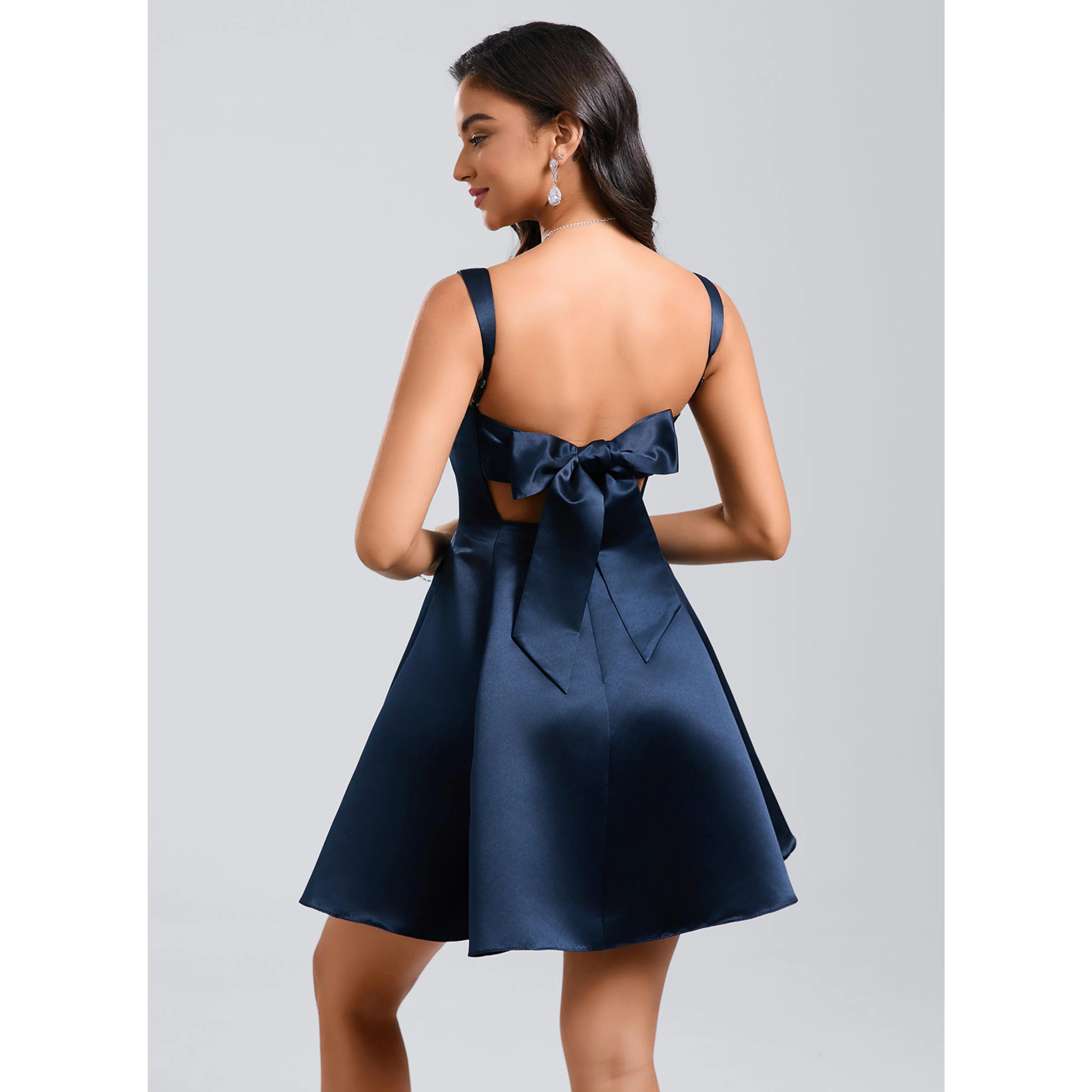 Chic A-Line Square Neck Sleeveless Backless Navy Blue Short Homecoming Party Dress