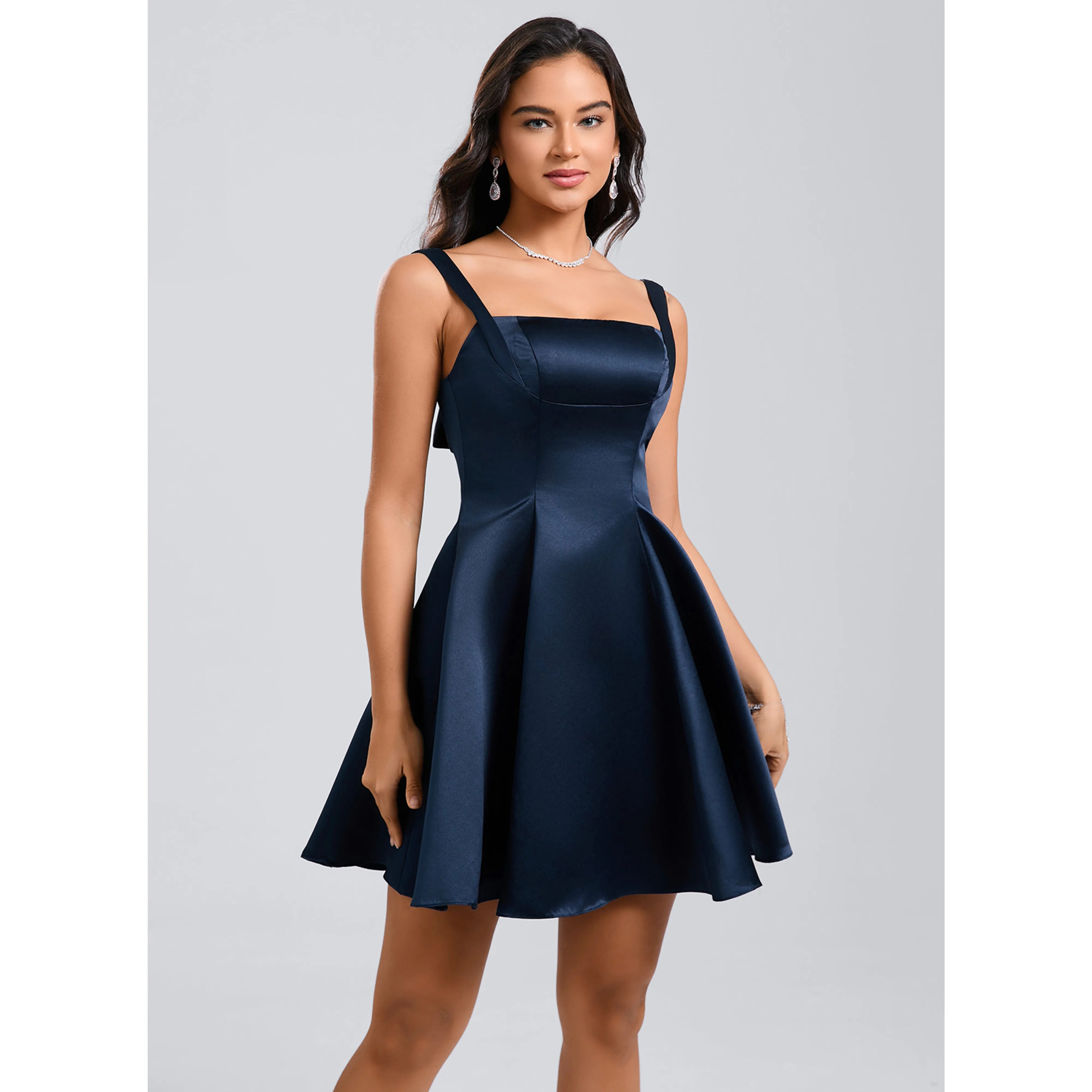 Chic A-Line Square Neck Sleeveless Backless Navy Blue Short Homecoming Party Dress