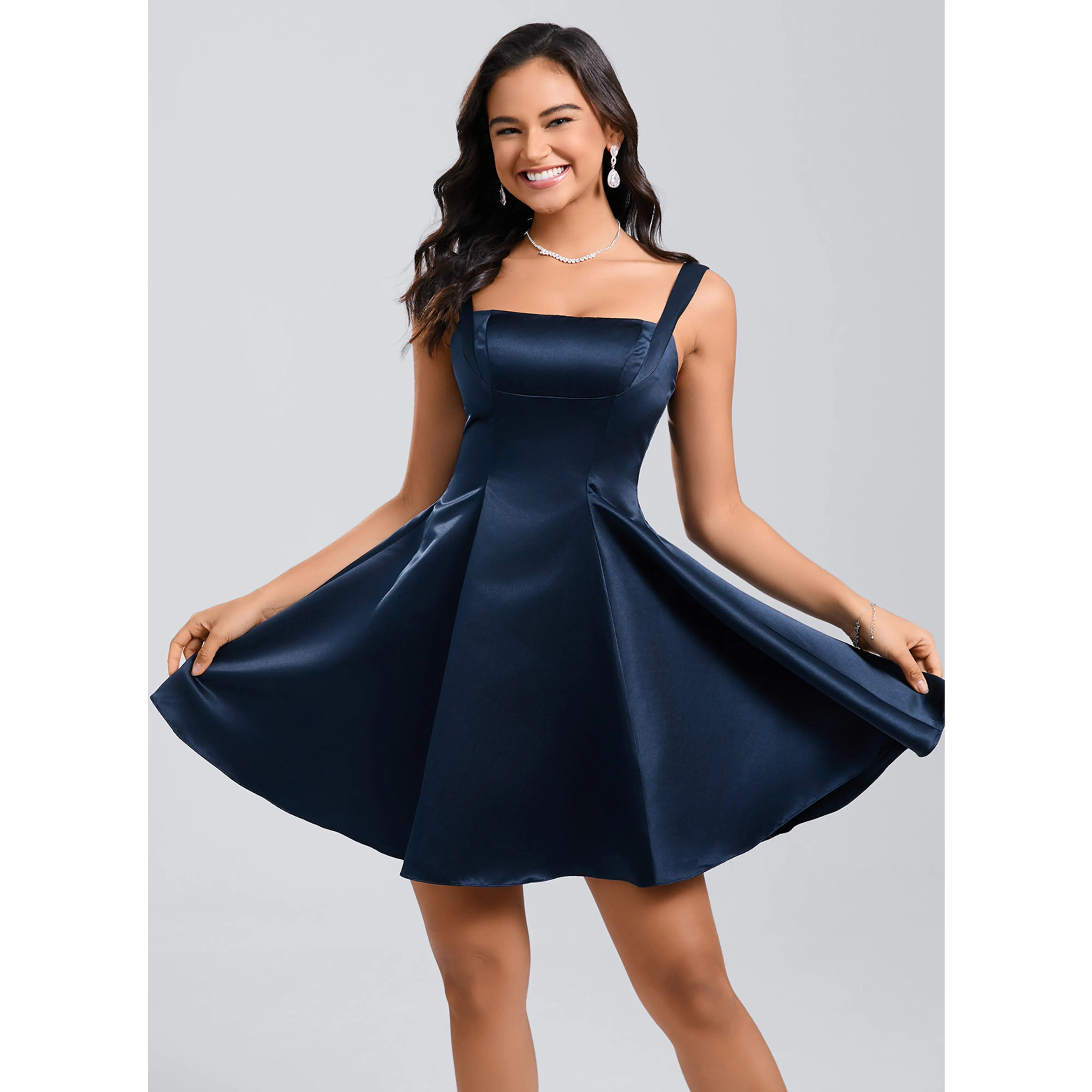 Chic A-Line Square Neck Sleeveless Backless Navy Blue Short Homecoming Party Dress