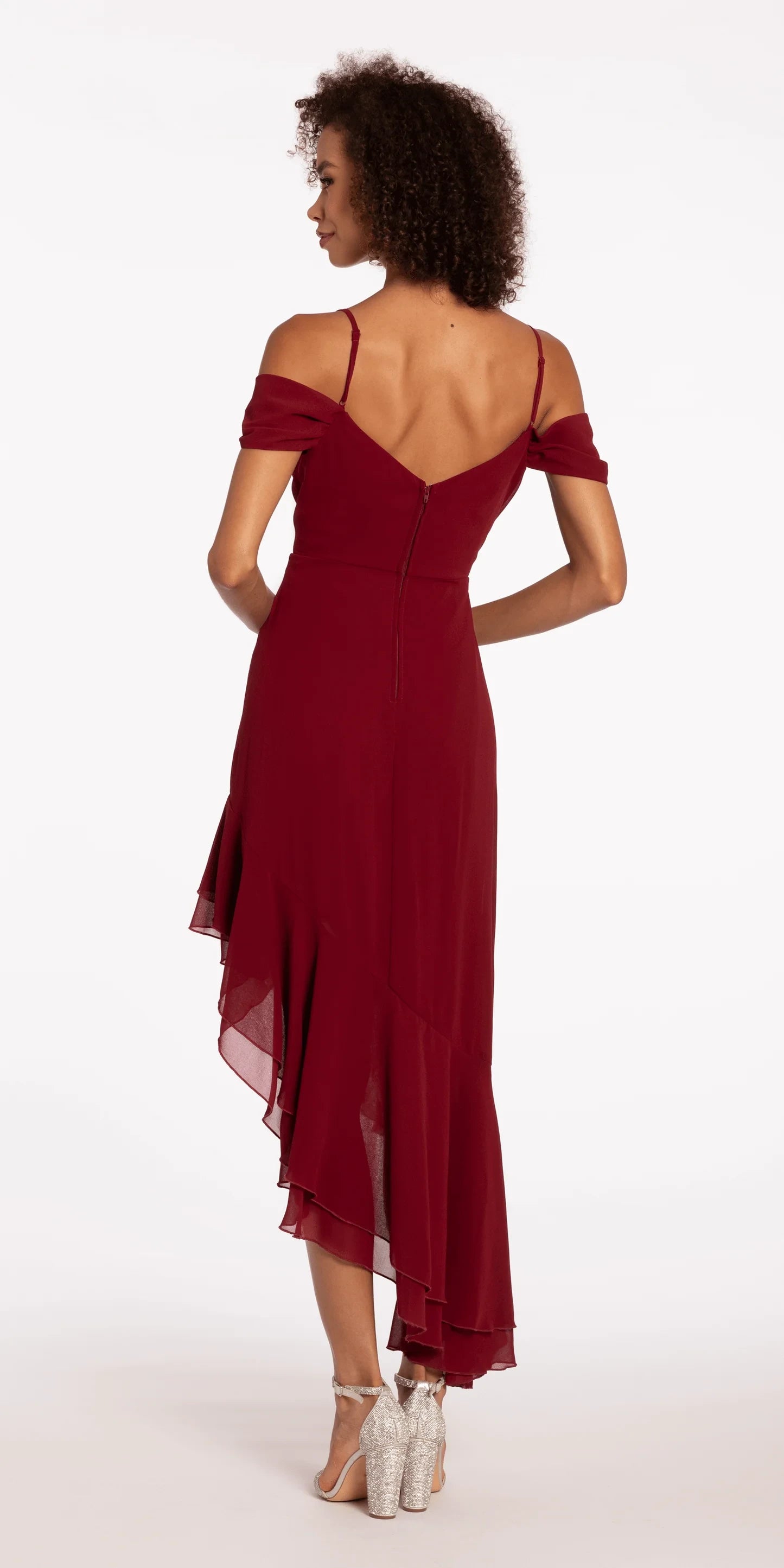 Chic Chiffon A-Line Cowl Neck Off-Shoulder Zipper Back High-Low Homecoming Dresses