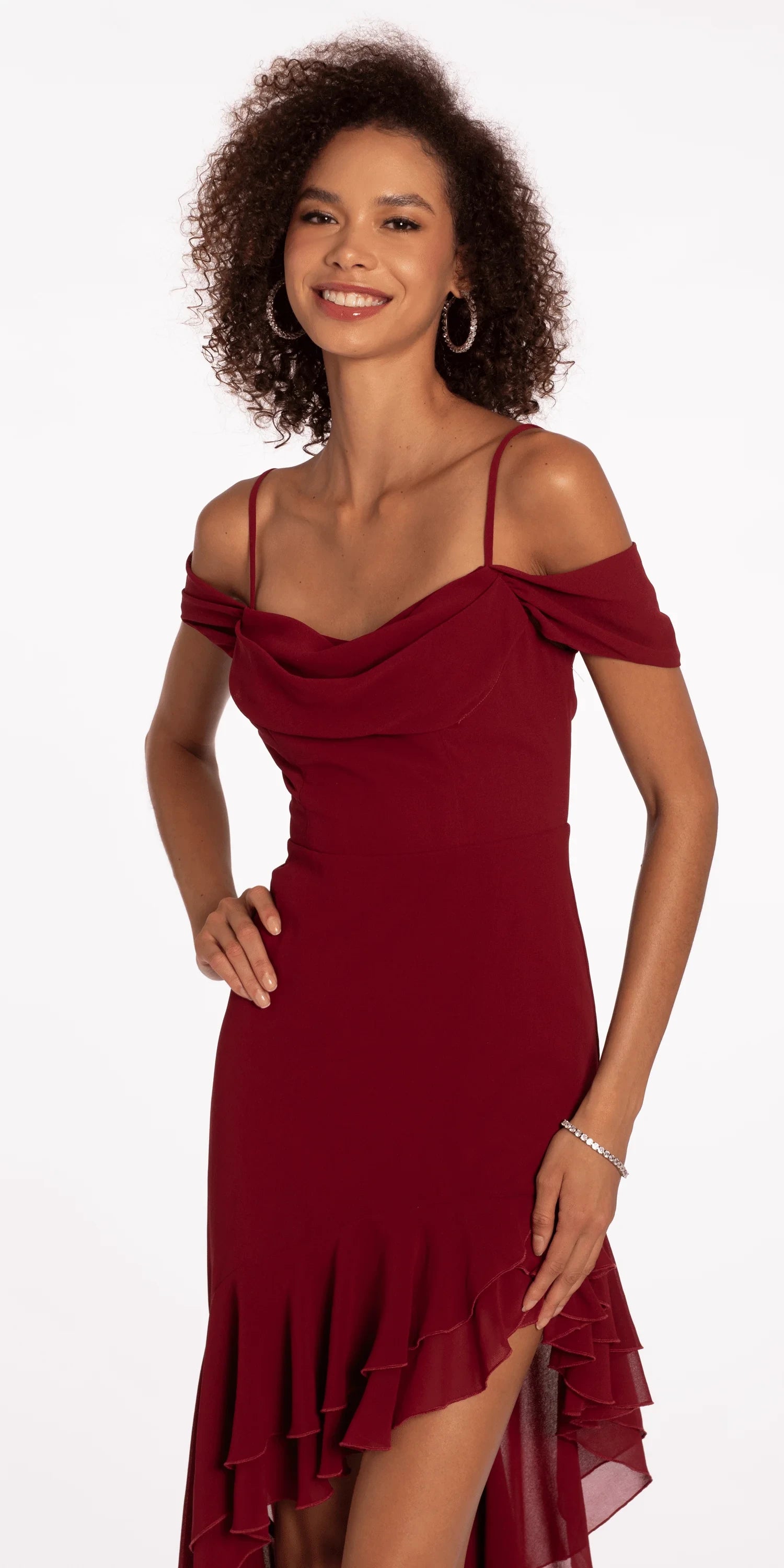 Chic Chiffon A-Line Cowl Neck Off-Shoulder Zipper Back High-Low Homecoming Dresses
