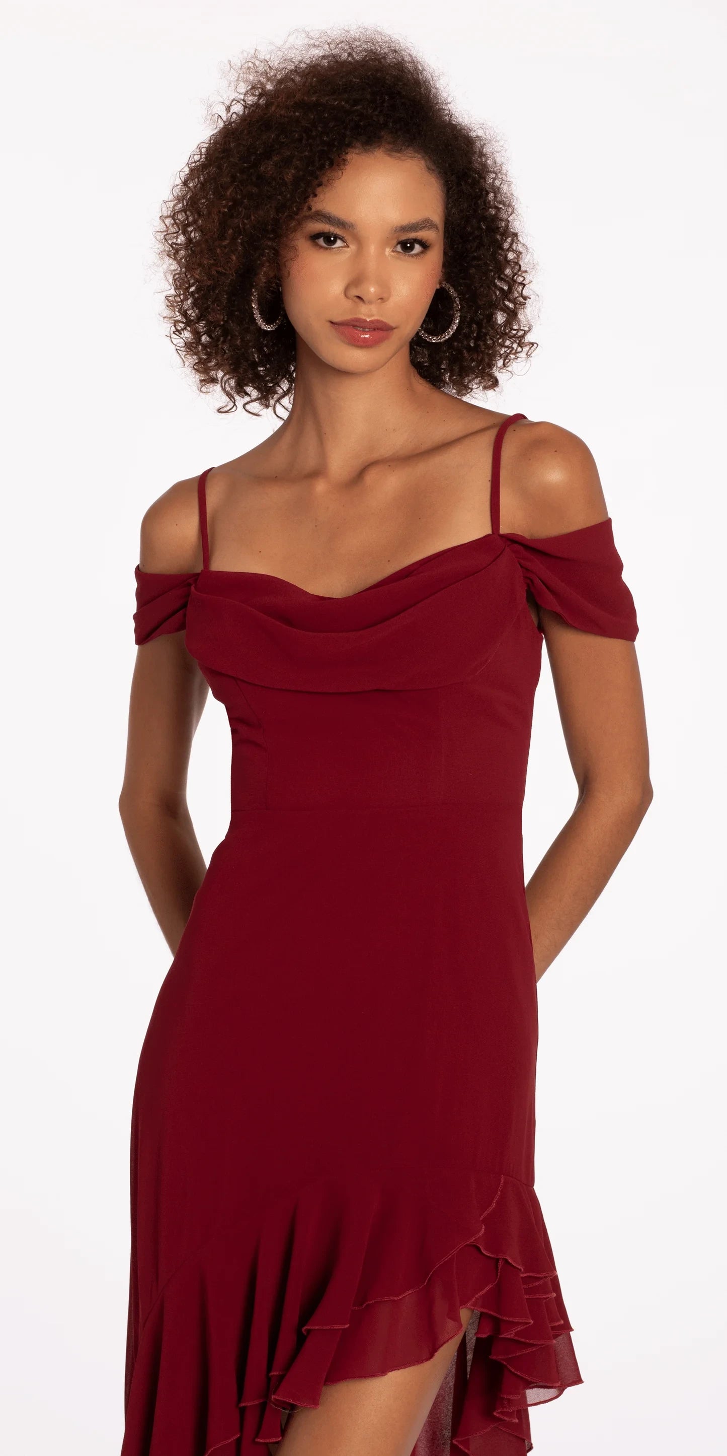 Chic Chiffon A-Line Cowl Neck Off-Shoulder Zipper Back High-Low Homecoming Dresses
