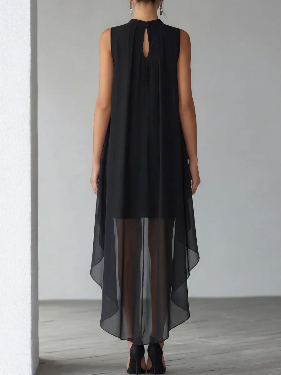Chic Chiffon A-Line High Neck Sleeveless Keyhole Back High-Low Evening Dresses