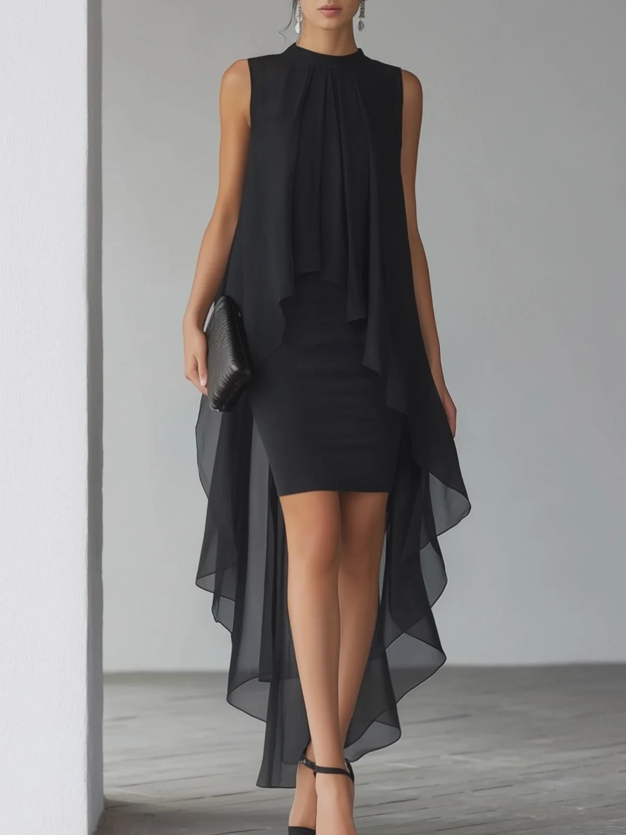 Chic Chiffon A-Line High Neck Sleeveless Keyhole Back High-Low Evening Dresses