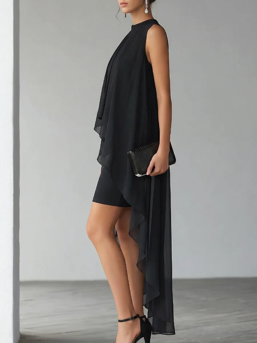 Chic Chiffon A-Line High Neck Sleeveless Keyhole Back High-Low Evening Dresses