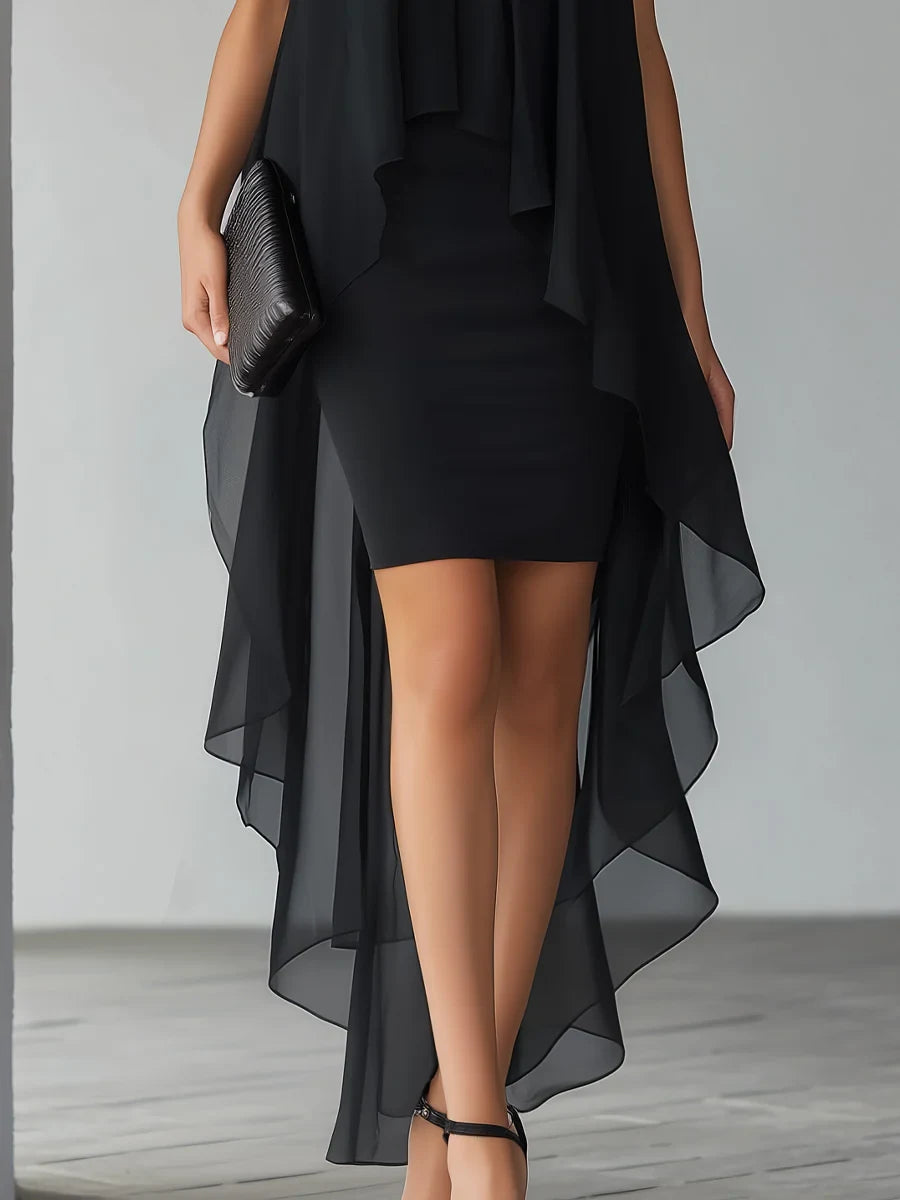 Chic Chiffon A-Line High Neck Sleeveless Keyhole Back High-Low Evening Dresses