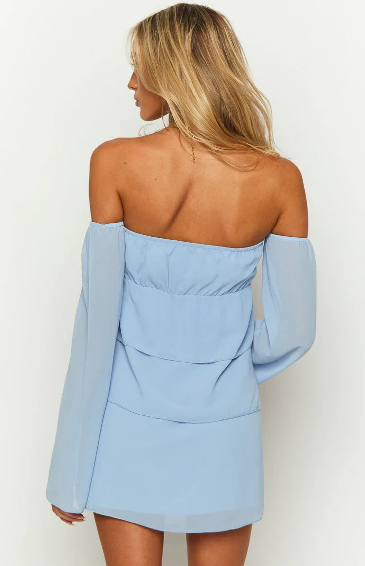 Chic Chiffon A-Line Sweetheart Long Off-Shoulder Sleeves Open Back Mini Homecoming Dresses