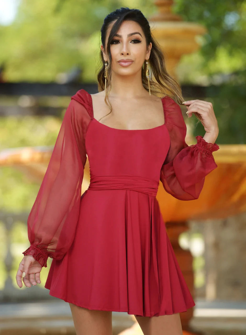 Chic Chiffon A-Line Sweetheart Long Puff Sleeves Zipper Back Short Homecoming Dresses