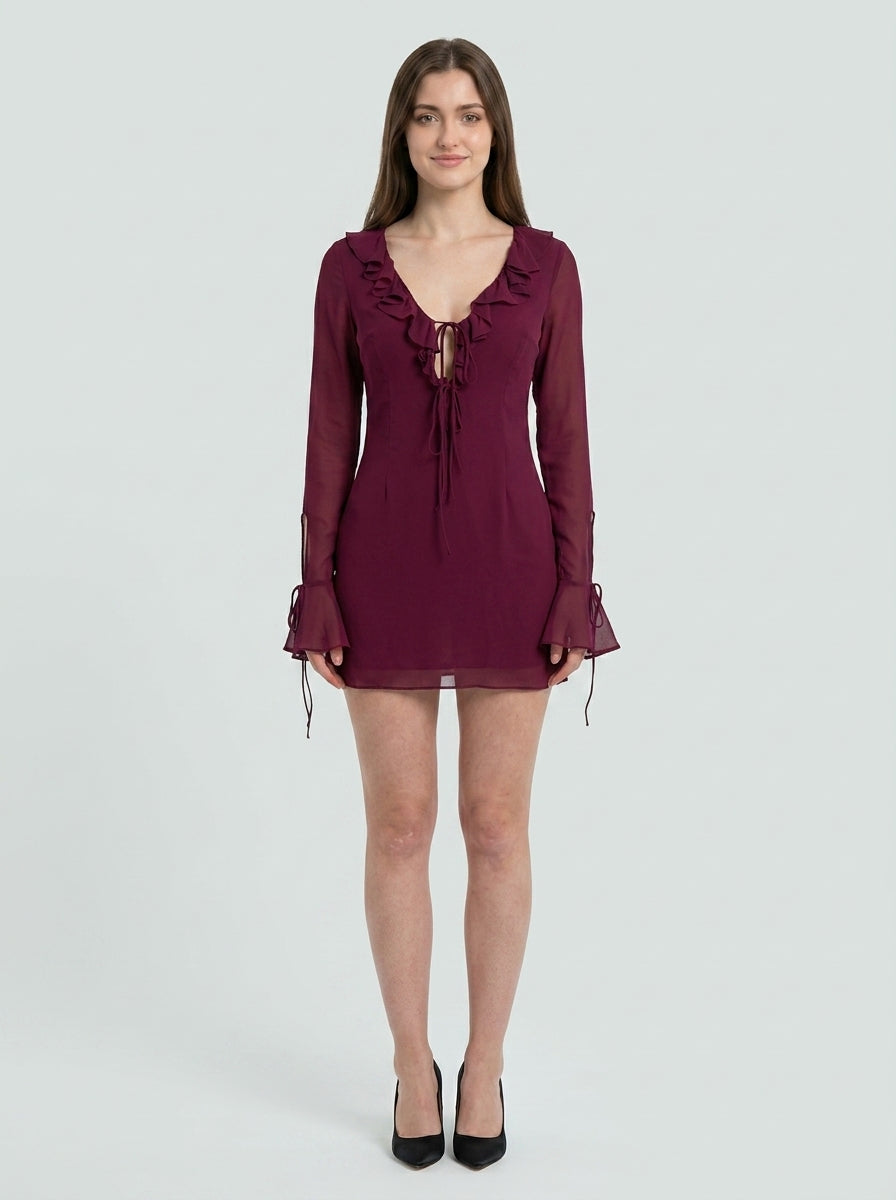 Chic Chiffon Sheath V-Neck Long Sleeve Tie-Cuff Solid Back Mini Homecoming Dresses