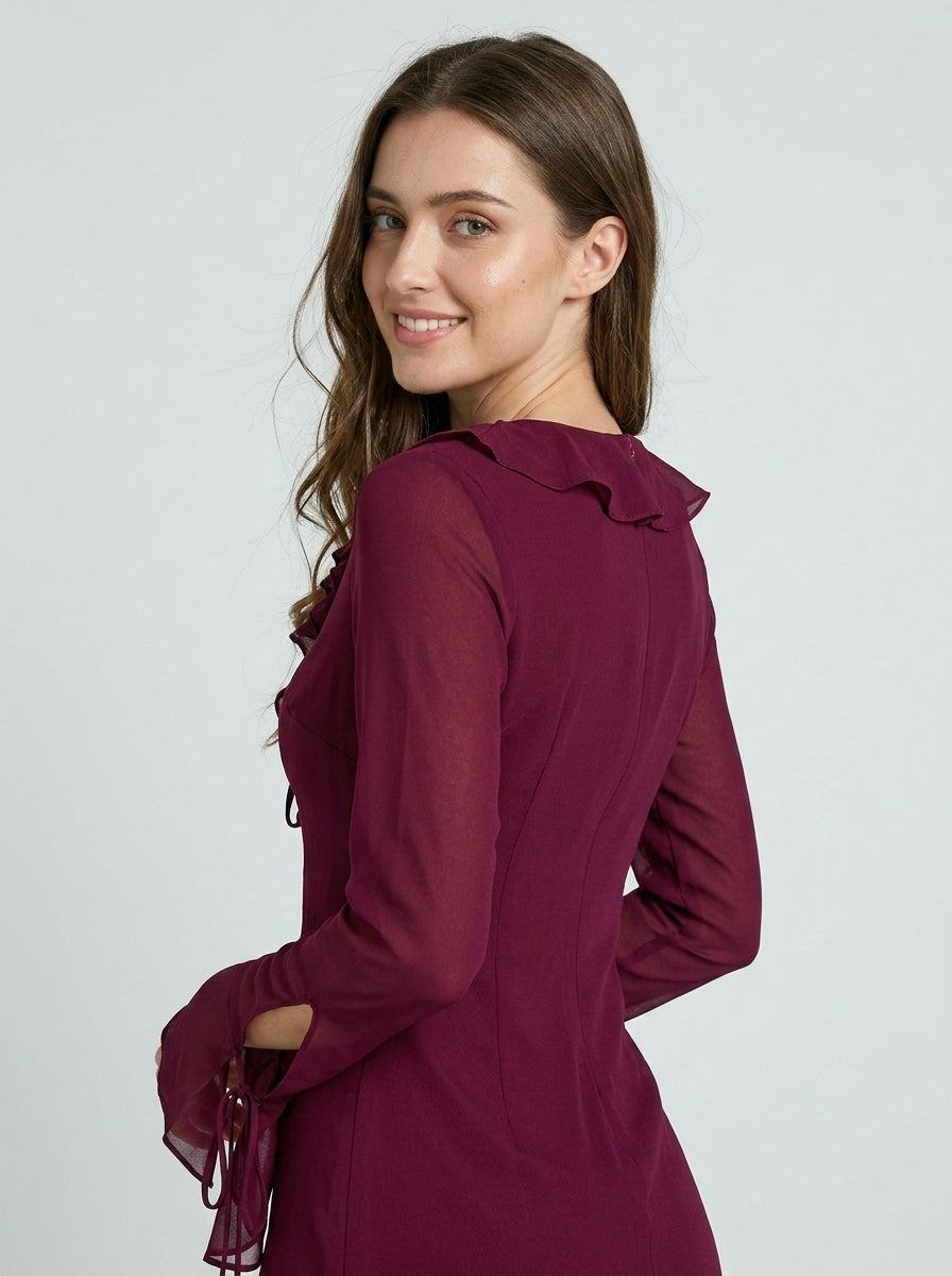 Chic Chiffon Sheath V-Neck Long Sleeve Tie-Cuff Solid Back Mini Homecoming Dresses