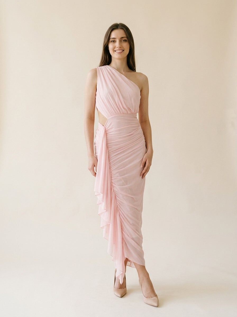 Chic Draped Chiffon Sheath One-Shoulder Sleeveless Cutout Back Ruched Midi Evening Dresses
