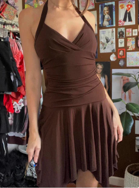 Chic Draped Halter V-Neck Sleeveless Open Back Asymmetrical Hem Short Homecoming Dresses