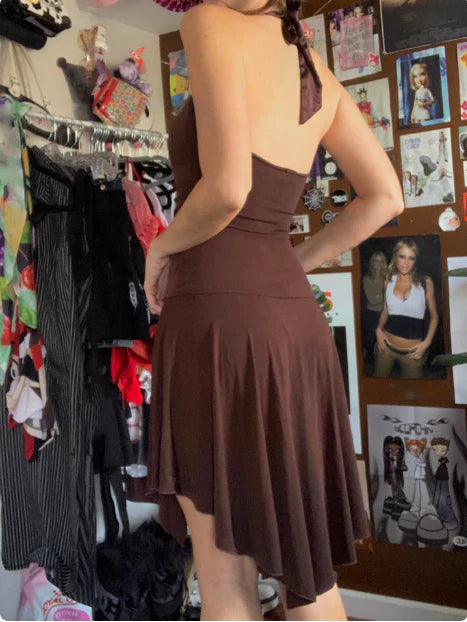 Chic Draped Halter V-Neck Sleeveless Open Back Asymmetrical Hem Short Homecoming Dresses