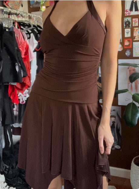 Chic Draped Halter V-Neck Sleeveless Open Back Asymmetrical Hem Short Homecoming Dresses