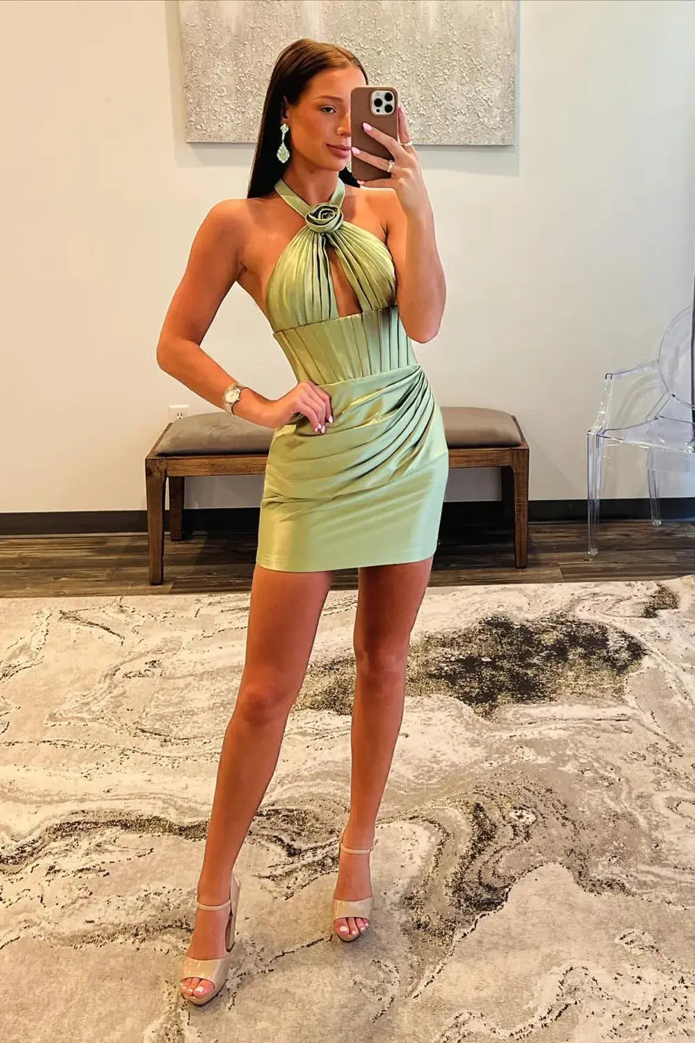 Chic Draped Satin Sheath Halter Keyhole Sleeveless Open Back Mini Homecoming Dresses