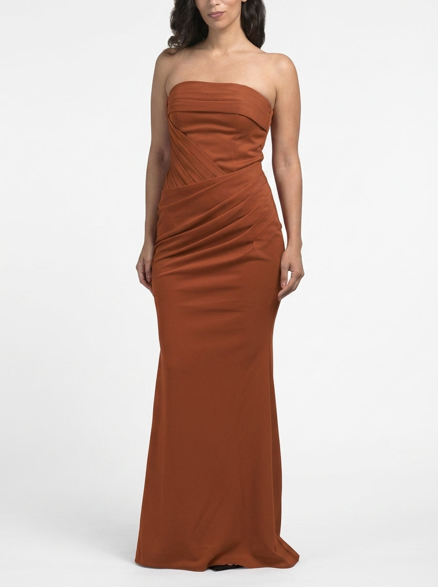 Chic Draped Satin Sheath Strapless Sleeveless Hidden Zipper Back Floor-Length Evening Dresses