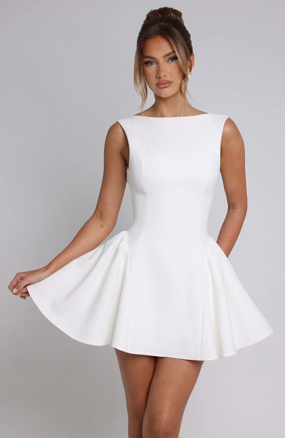 Chic Satin A-Line Boat Neck Sleeveless Low Scoop Back Mini Homecoming Dresses