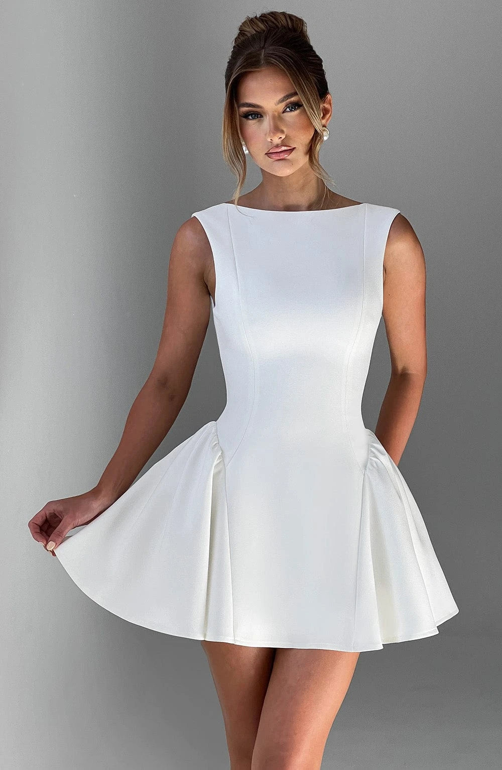 Chic Satin A-Line Boat Neck Sleeveless Low Scoop Back Mini Homecoming Dresses