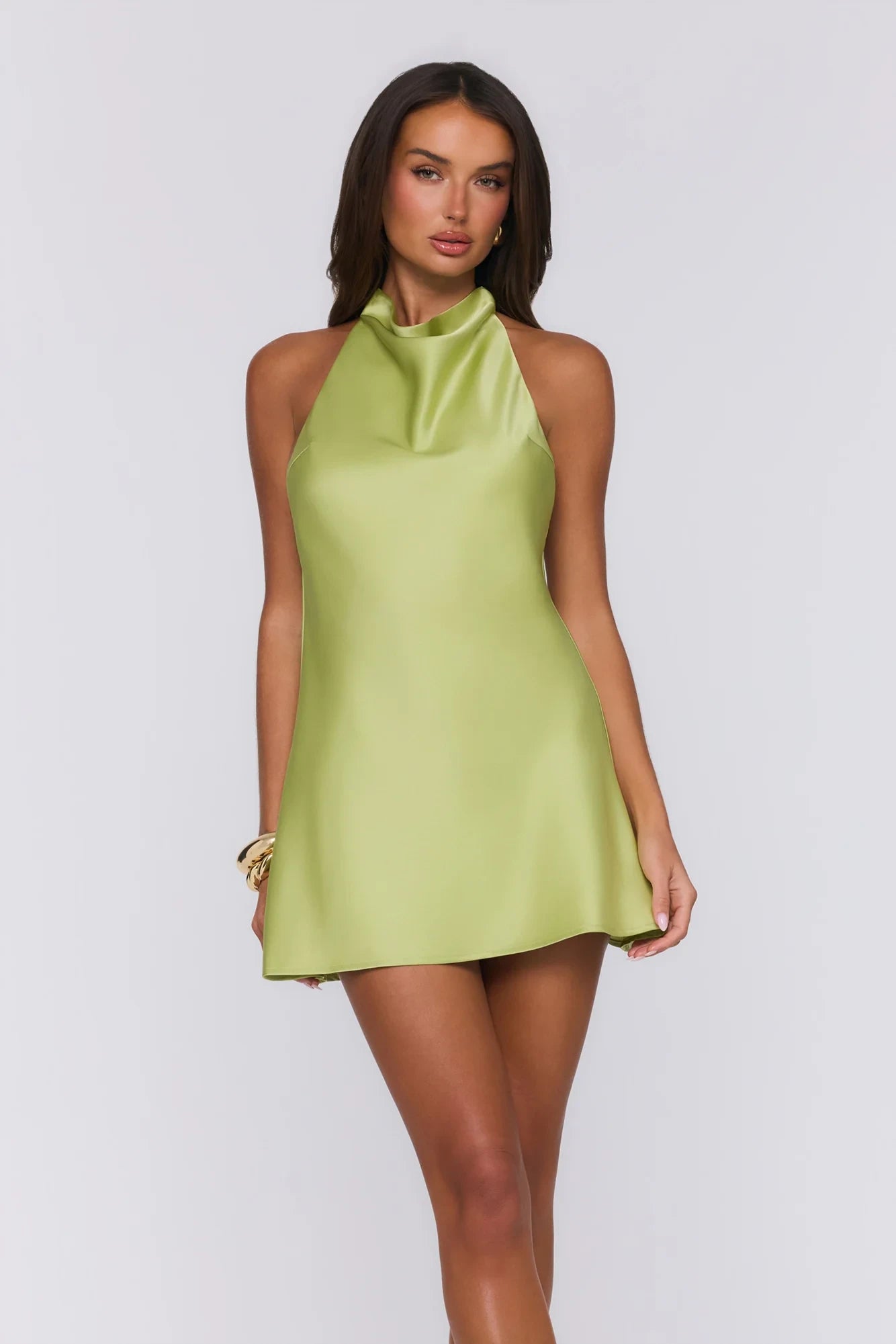 Chic Satin A-Line Cowl Halter Neck Sleeveless Open Back Tie-Bow Mini Homecoming Dresses