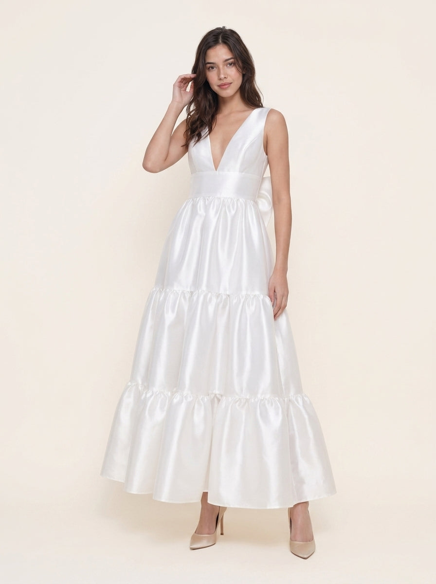 Chic Satin A-Line Deep V-Neck Sleeveless Open Bow Back Ankle-Length Tiered Evening Dresses