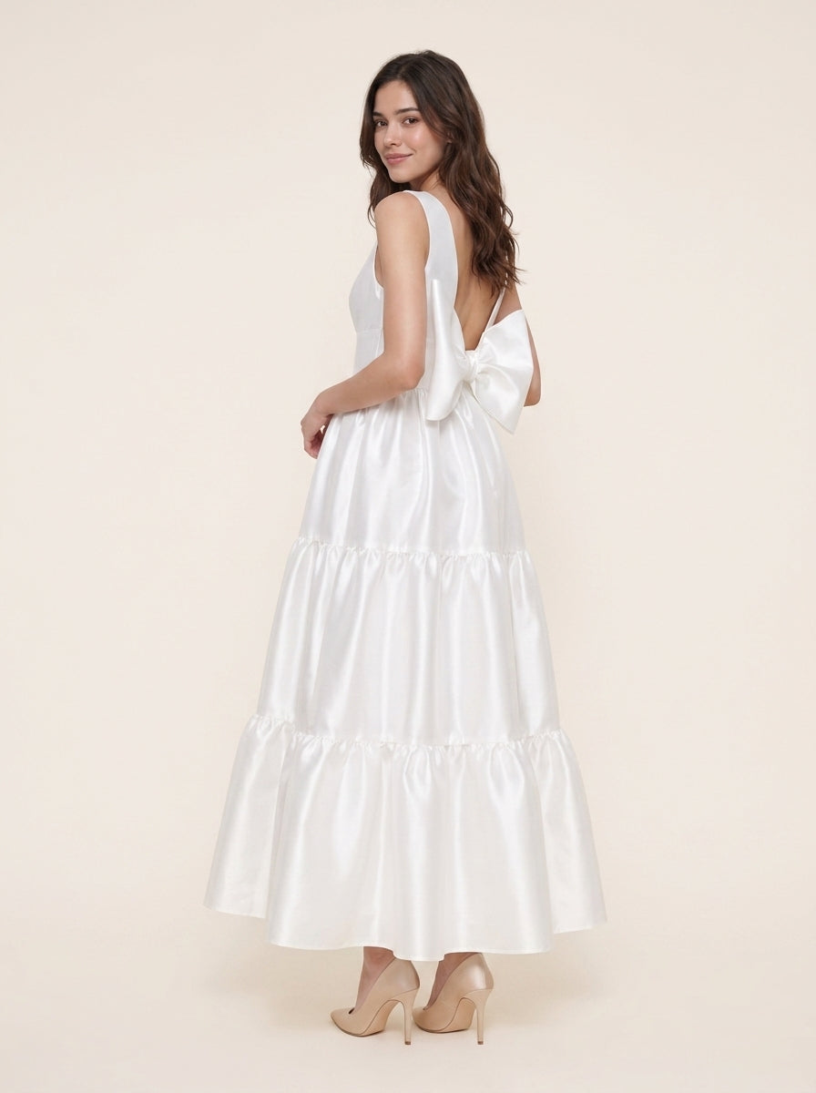 Chic Satin A-Line Deep V-Neck Sleeveless Open Bow Back Ankle-Length Tiered Evening Dresses