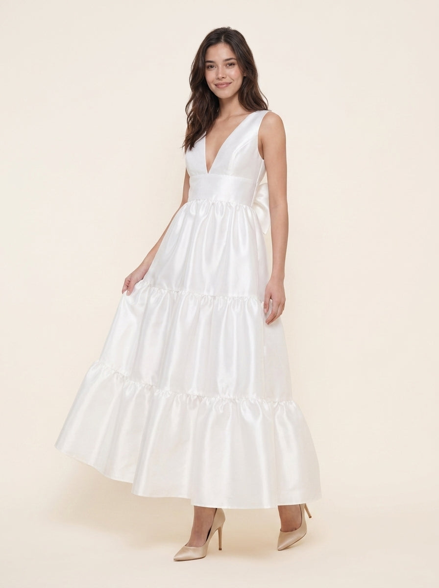 Chic Satin A-Line Deep V-Neck Sleeveless Open Bow Back Ankle-Length Tiered Evening Dresses