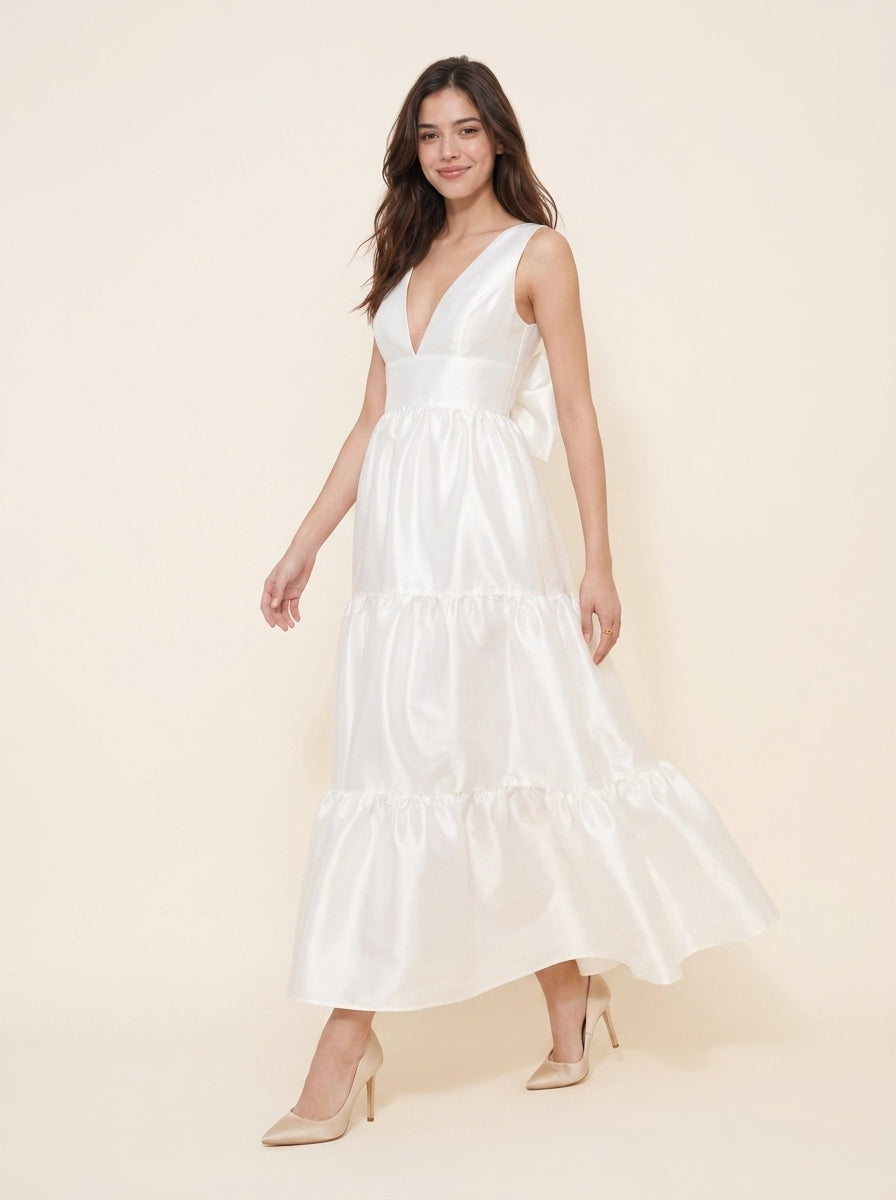 Chic Satin A-Line Deep V-Neck Sleeveless Open Bow Back Ankle-Length Tiered Evening Dresses