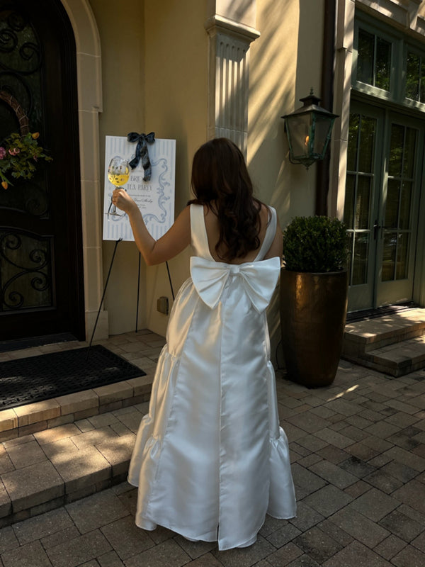 Chic Satin A-Line Deep V-Neck Sleeveless Open Bow Back Ankle-Length Tiered Evening Dresses