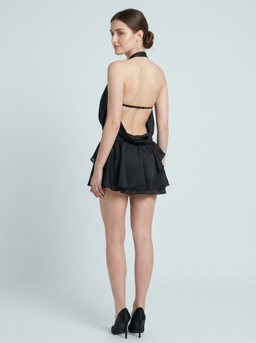 Chic Satin A-Line Halter Cowl Neck Sleeveless Open Back Mini Homecoming Dresses