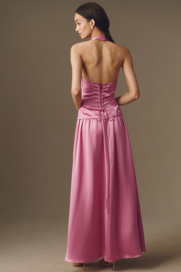 Chic Satin A-Line Halter V-Neck Sleeveless Lace-Up Back Floor-Length Evening Dresses