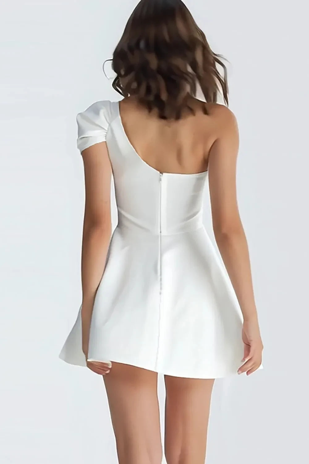 Chic Satin A-Line One-Shoulder Puffed Sleeve Zipper Back Short Homecoming Dresses