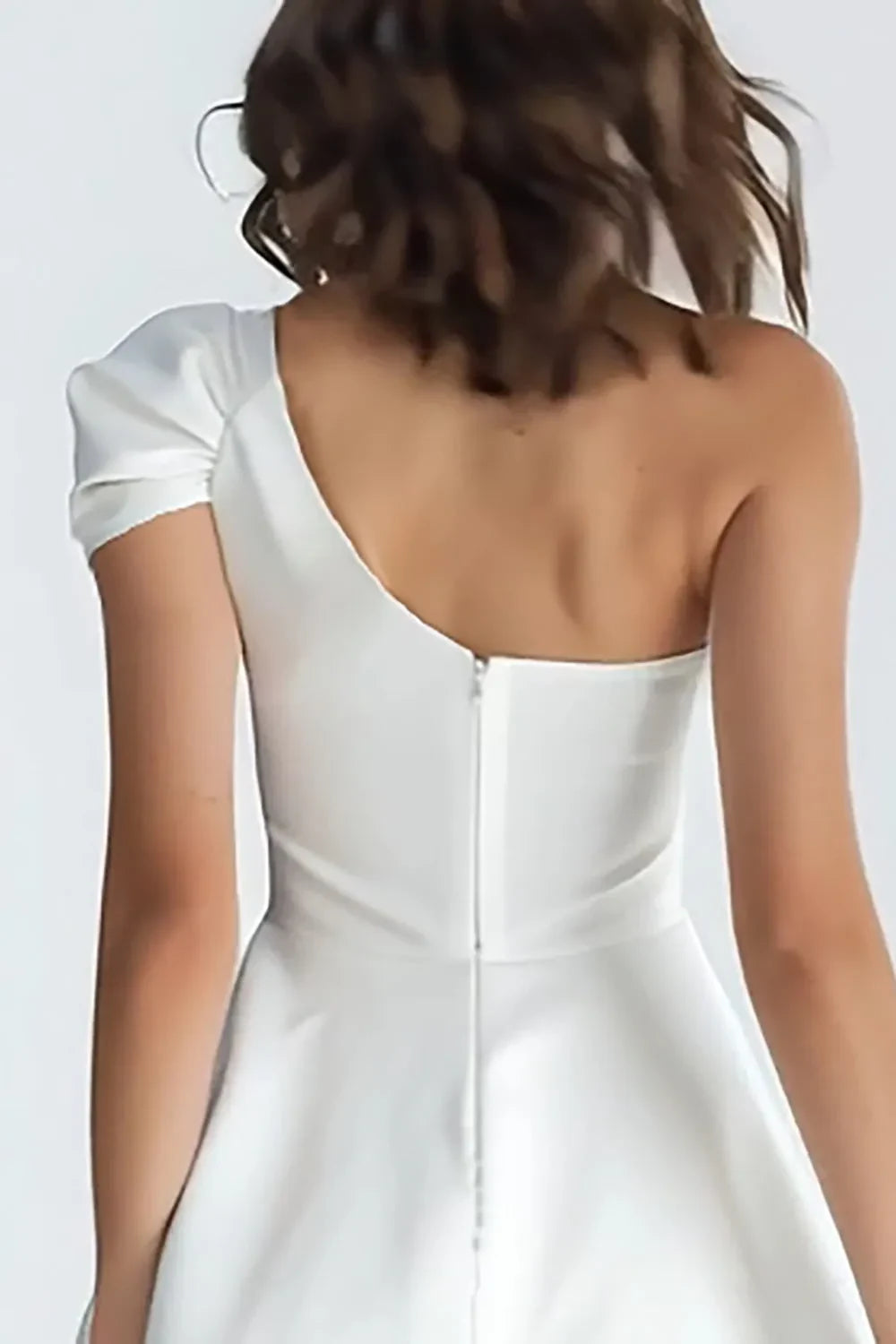 Chic Satin A-Line One-Shoulder Puffed Sleeve Zipper Back Short Homecoming Dresses