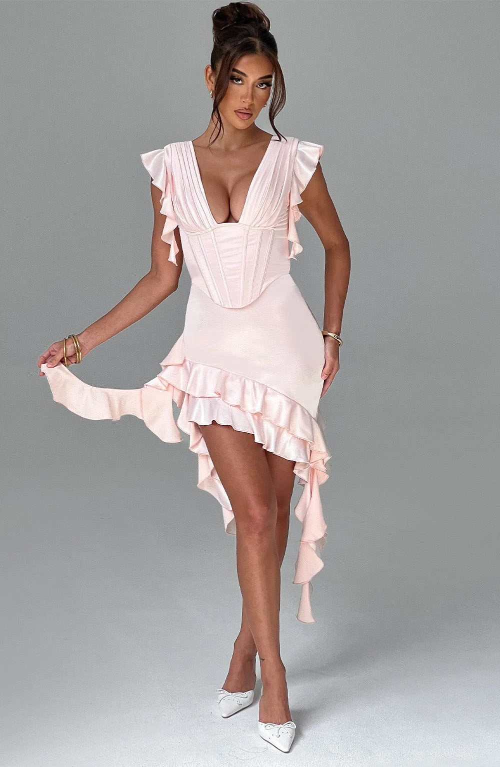Chic Satin A-Line Plunging V-Neck Ruffled Cap Sleeves Lace-Up Back High-Low Homecoming Dresses